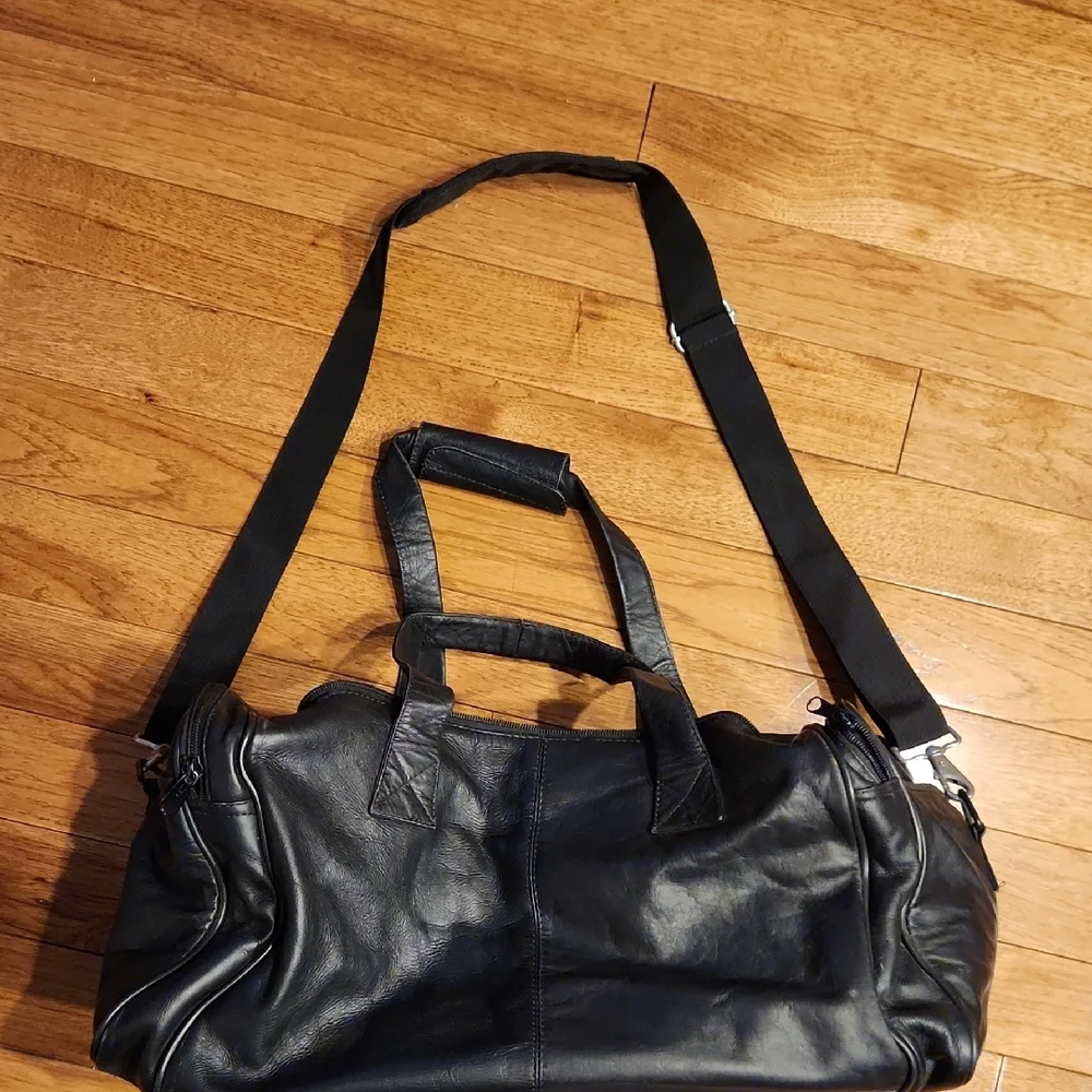 Duffel Bag By Miami Leather Co. Black Genuine Leather with Shoulder Strap